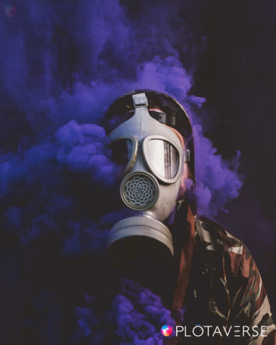 a man in a gas mask with smoke pouring out from it