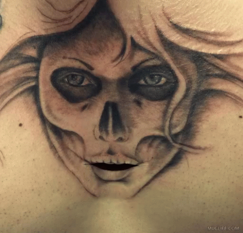 the portrait of a girl with a skull on her chest