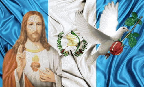 a painting of jesus in the middle of two flags