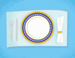 the illustration shows a table setting with a yellow napkin