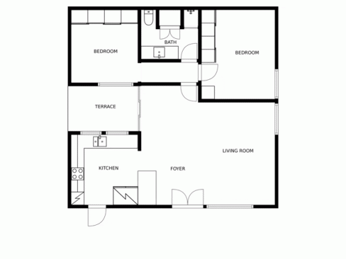 a floor plan of a living room and kitchen area