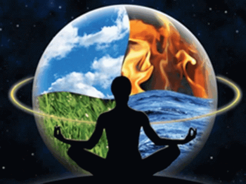 a graphic of a man in lotus position facing the sun