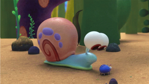 an animated snail has its shell stuck in the ground