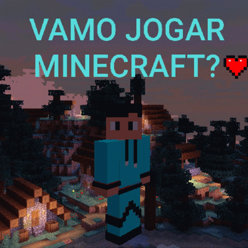 a man standing in front of an aerial skyline with words that say, vamo jogar minecraft?