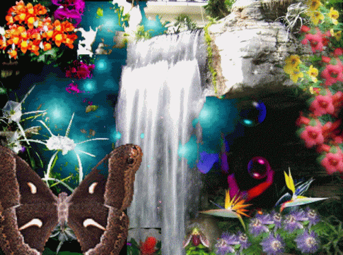 a scene with flowers, erflies, and a waterfall