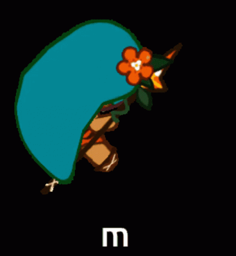 the letter m with a stylized, colorful design and blue flower