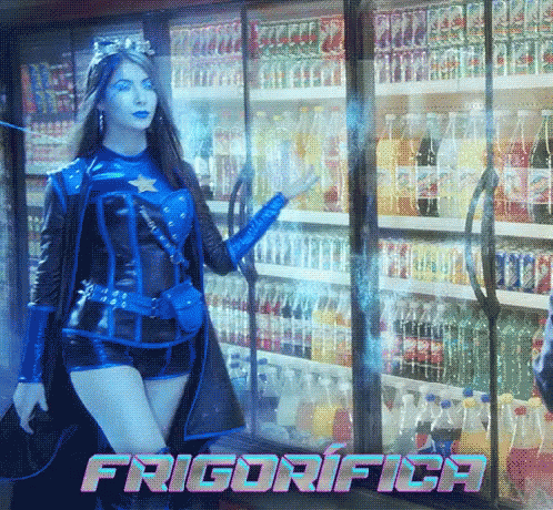 a girl dressed as a gargohia and wearing a crown stands by an ice box of frigonfica