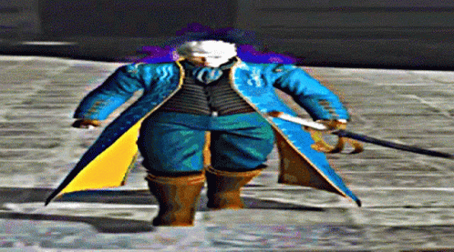 a man with two giant blue weapons is walking