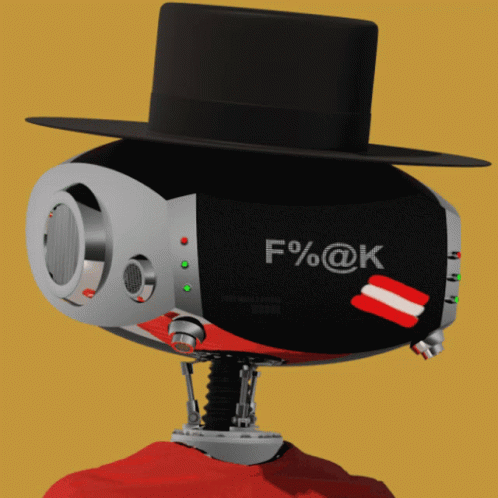 a close up of a robot wearing a hat