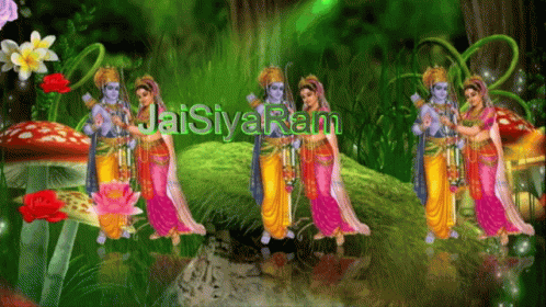 four women wearing colorful outfits in the forest