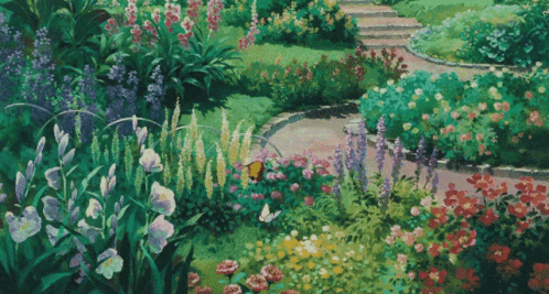 painting of garden in full bloom with flowers and pathway
