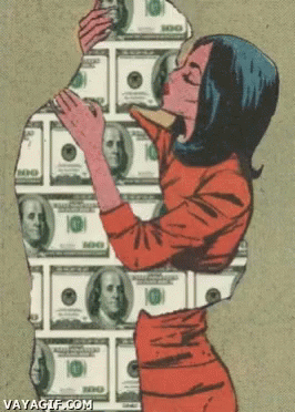 an illustration of a lady with stacks of money as she is holding money