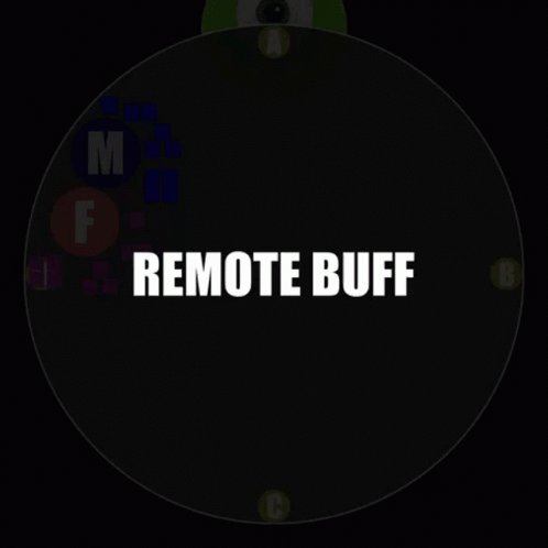 a round, black object with red letters reading remote buff