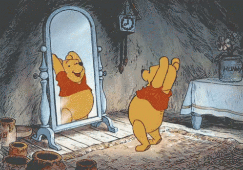 a cartoon showing a large bear near a mirror