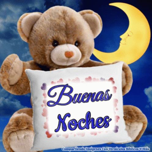 a blue teddy bear holding a pillow that says ruenas noches