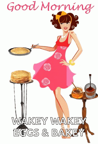 a cartoon illustration of a woman cooking eggs and a bundt cake