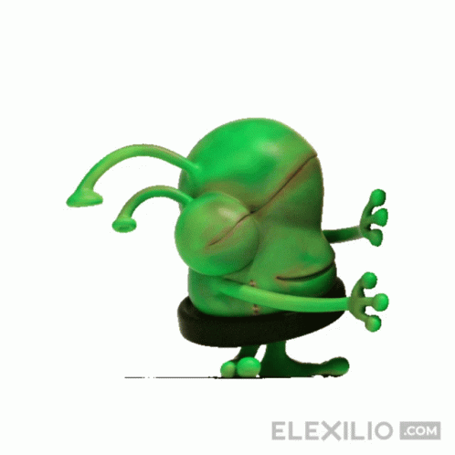 an animated green alien poses for the camera