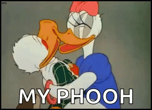 a cartoon character holding onto another character with the text,'my phooh,'on it