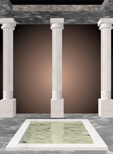a rendering of two columns and a pool