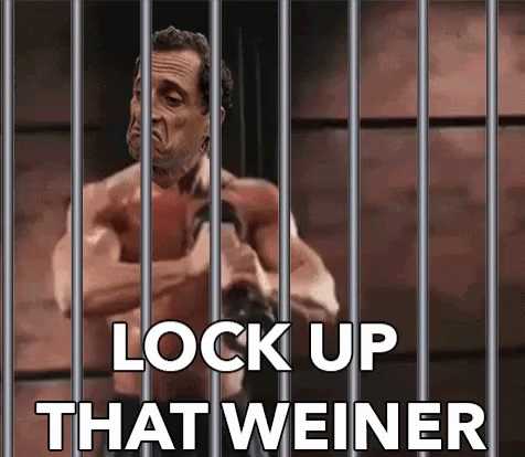 the image of a man behind a metal cage saying lock up thatweiner