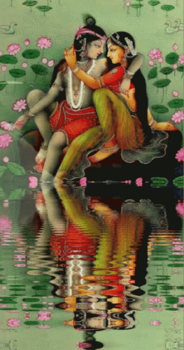 a painting of a couple emcing while sitting in water