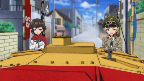 two anime characters riding on a ship in a alley