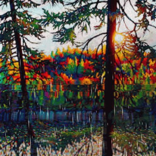 an abstract painting with trees in the background
