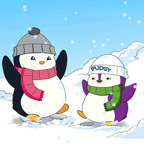 an animated penguin with a white hat and scarf is standing with another penguin with a purple and green scarf in snow