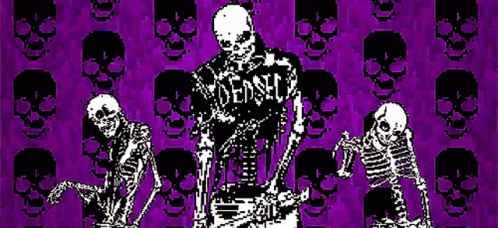 three skeleton skeletons are in purple and black