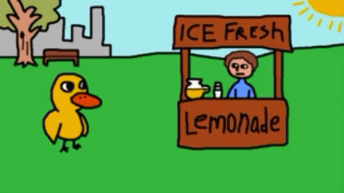 a cartoon of a small ice shop sitting next to a blue duck