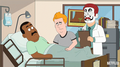 cartoon characters talking to each other in a hospital bed