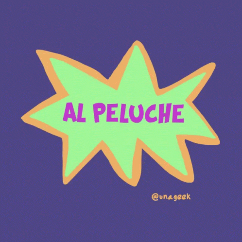 a pink blue and green sticker with the word al peluche on it