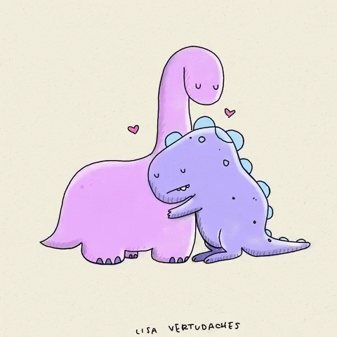 a pink dinosaur standing next to a purple and black dinosaurs head