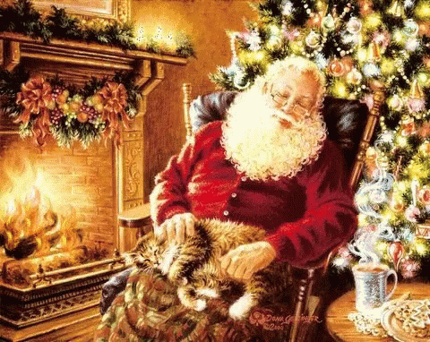 a painting of santa claus sitting in a chair with kittens