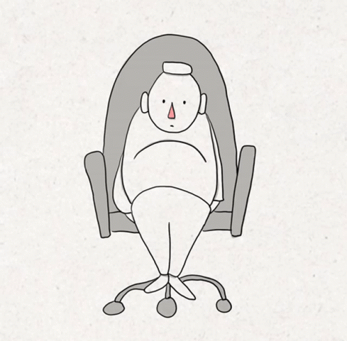 an animation figure sitting in a chair holding his back