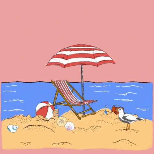 a beach scene with a deck chair, umbrella, and oysters