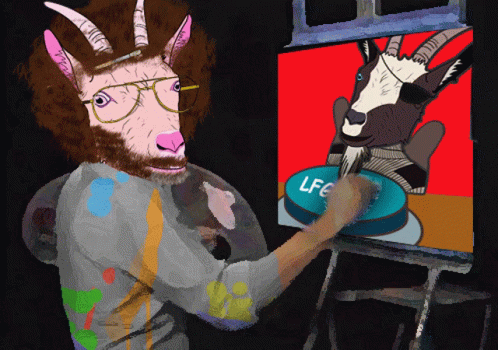 an artist wearing glasses and a goat head painting a picture