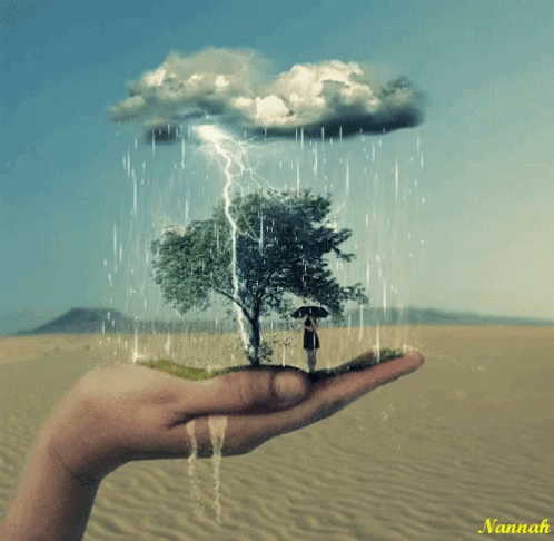 an open hand showing a tree and a person holding a water drop
