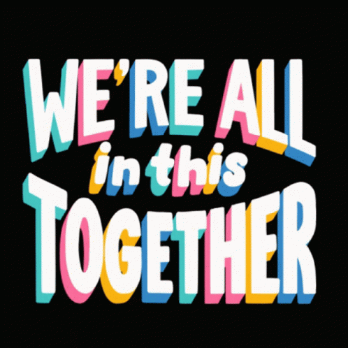 we're all in this together logo with colorful text