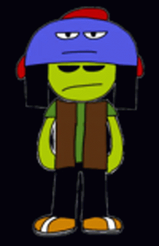 a green and red cartoon wearing headphones