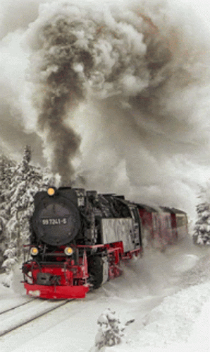 an artistic picture of a train pulling into the snow