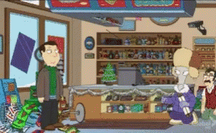 cartoon family with christmas presents in the store