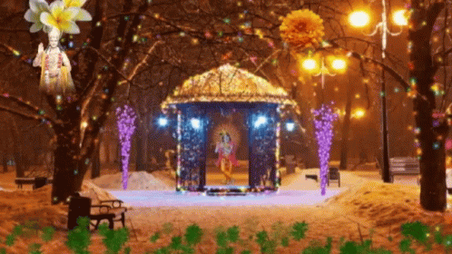 the winter scene in the park is beautifully decorated