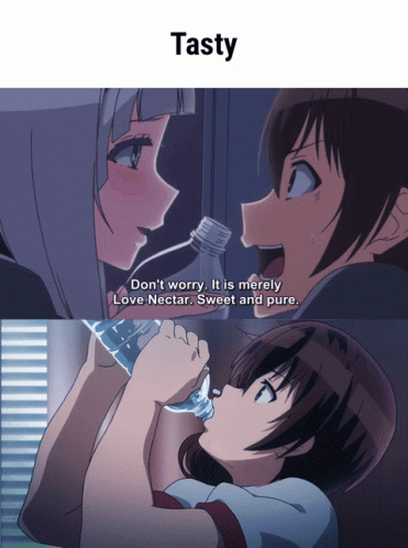 an anime cartoon with a girl with her head held up by a toothbrush and text reads, tasty don't worry it is literally love nectar sweet and pure