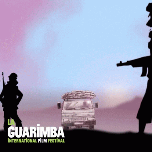 a poster depicting two silhouettes of men standing behind trucks