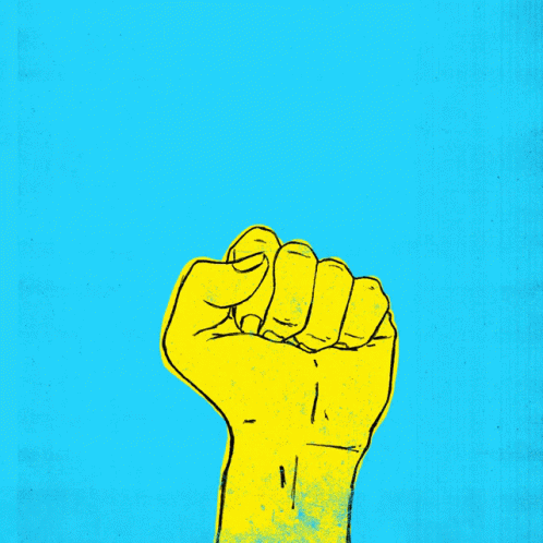 a blue fist in color over a yellow background