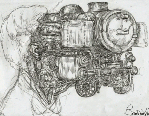 a drawing of a man's face looking at a engine