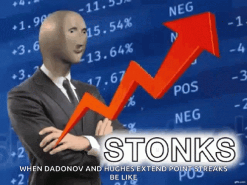 a poster that reads stonks while a graphic shows a blue arrow and he stands in front of a chart