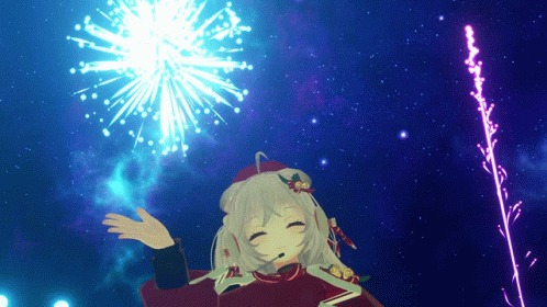 a anime style woman dressed in blue looks to the sky with fireworks