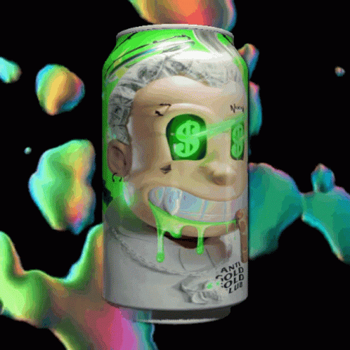 a blue can with green eyes and money on it